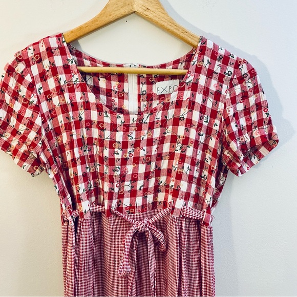 Vintage EXPO Red Gingham Floral Prairie Maxi Dress Size 6-8 - Picture 6 of 6